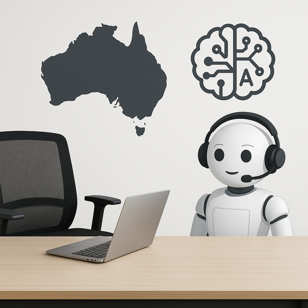 An empty office chair sits beside a laptop, an outline map of Australia, an AI brain emblem, and a headset-wearing service robot.