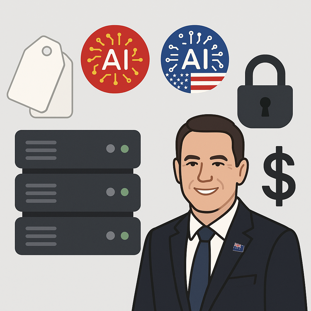 An Australian business owner stands beside server racks, two blank price tags, competing national AI emblems, and a padlock.