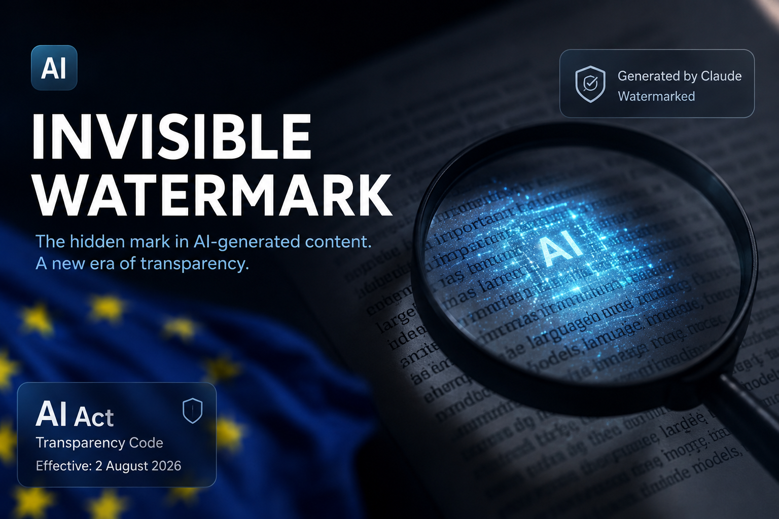 A business owner examines generated writing on a computer beside a copied document and an EU star symbol.
