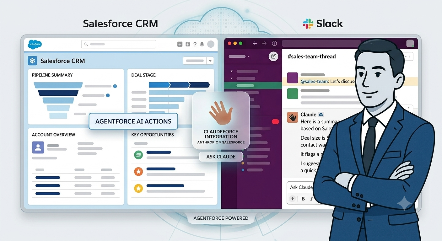 The picture shows a Salesforce dashboard, a Slack conversation, an AI emblem, and a sales manager.